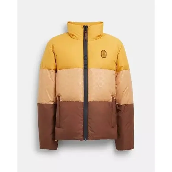 Coach Men's Colorblock Down Jacket Yellow Brown Multi Size XL $650